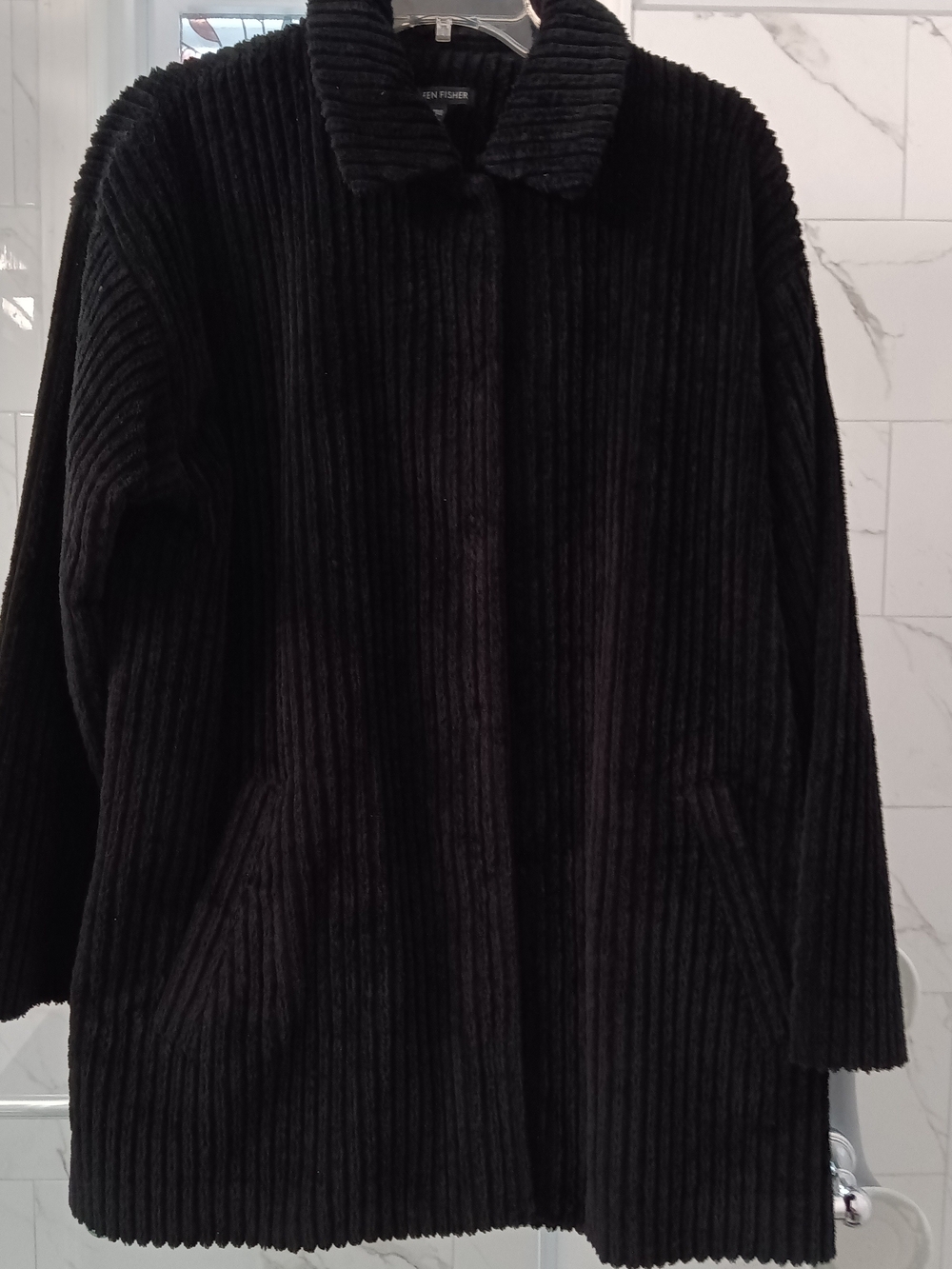 Eileen Fisher Black Corduroy Mid Length Coat Plush Organic Cotton Pockets
